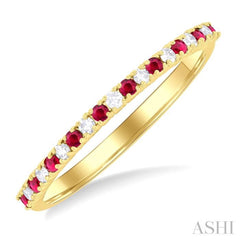 1/10 Ctw Petite 1.35 MM Ruby and Round Cut Diamond Precious Stack Band in 10K Yellow Gold