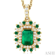 1/5 Ctw Floral 6X4 MM Emerald & 1.55 MM Round Cut Emerald and Round Cut Diamond Precious Pendant With Chain in 14K Yellow Gold