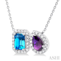 1/5 ctw Toi Et Moi 6X4 MM Emerald Cut Blue Topaz and Pear Cut Amethyst & Round Cut Diamond Halo Fashion Pendant With Chain in 14K White Gold