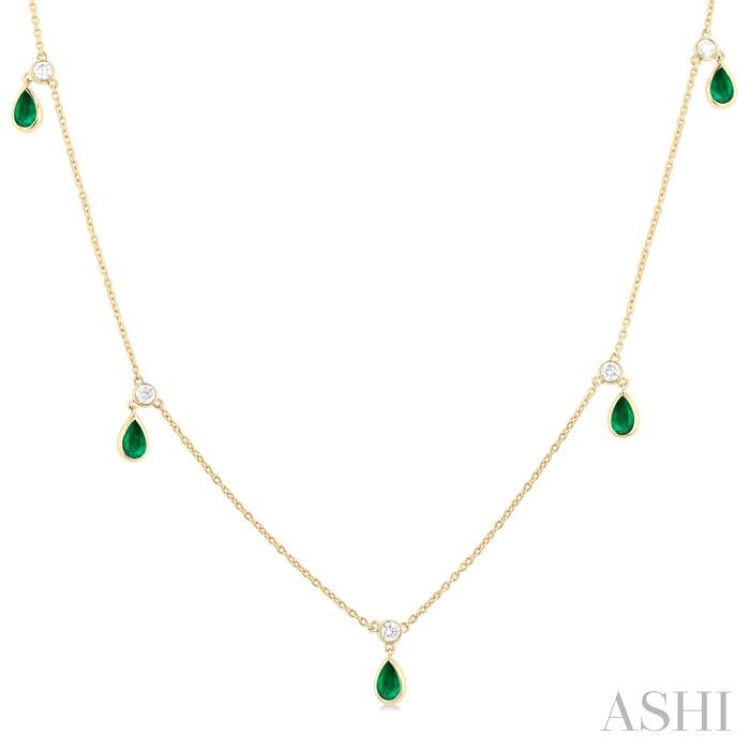 1/4 ctw Round Cut Diamonds and 5X3MM Pear Shape Emerald Precious Station Necklace in 14K Yellow Gold