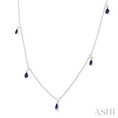 1/4 ctw Round Cut Diamonds and 5X3MM Pear Shape Sapphire Precious Station Necklace in 14K White Gold