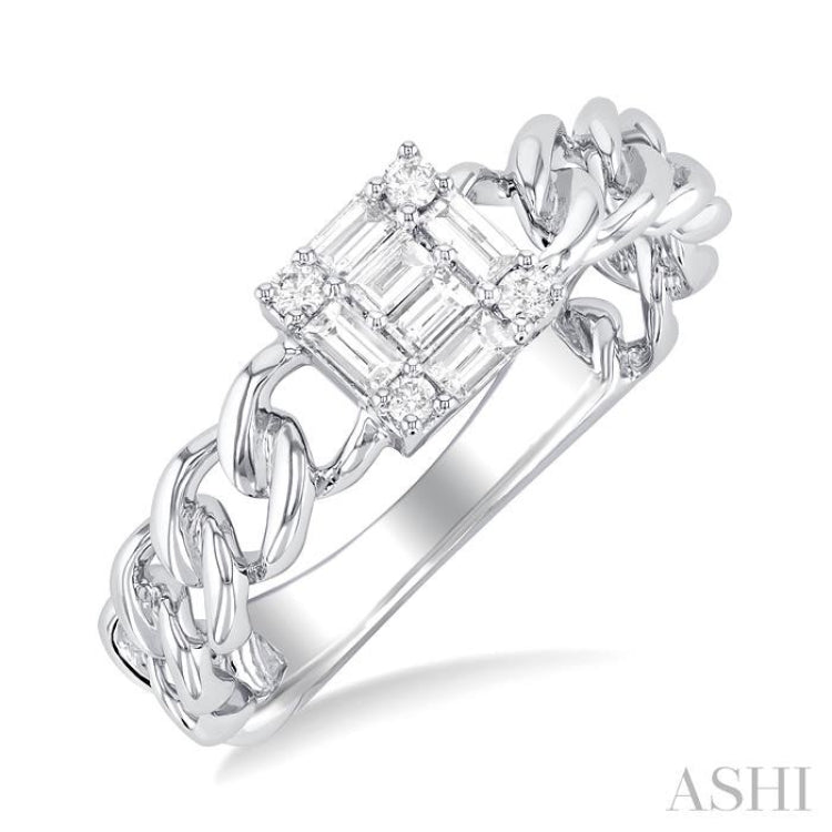 1/4 ctw Fusion Baguette and Round Cut Diamond Curb & Cuban Link Fashion Ring in 14K White Gold