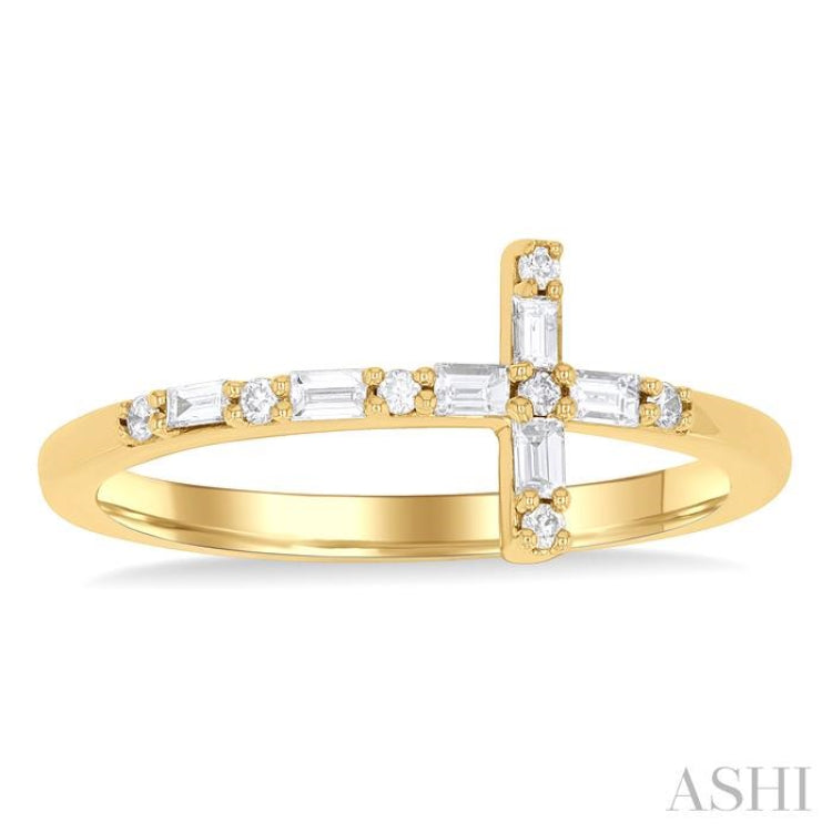 1/5 Ctw Reclined Cross Baguette and Round Cut Diamond Fashion Ring in 10K Yellow Gold