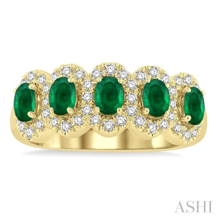 1/3 ctw Oval Cut 4x3 MM Precious Emerald and Round Cut Diamond Wedding Band in 14K Yellow Gold