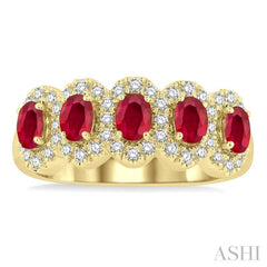 1/3 ctw Oval Cut 4x3 MM Precious Ruby and Round Cut Diamond Wedding Band in 14K Yellow Gold