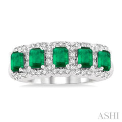 1/2 ctw Emerald Shape 4x3 MM Precious Emerald and Round Cut Diamond Wedding Band in 14K White Gold