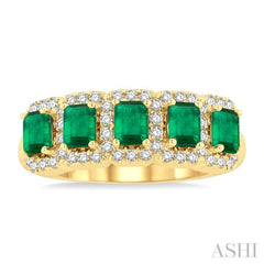 1/2 ctw Emerald Shape 4x3 MM Precious Emerald and Round Cut Diamond Wedding Band in 14K Yellow Gold