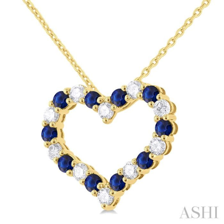 1/2 ctw Open Heart 2.3 MM Round Cut Sapphire and Round Cut Diamond Precious  Fashion Pendant With Chain in 14K Yellow Gold