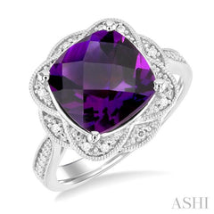 1/20 ctw Cushion Shape 10X10 MM Amethyst and Round Cut Diamond Semi Precious Ring in Sterling Silver