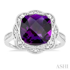 1/20 ctw Cushion Shape 10X10 MM Amethyst and Round Cut Diamond Semi Precious Ring in Sterling Silver