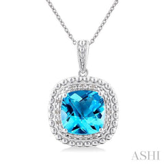 1/20 ctw Cushion Shape 10X10 MM Blue Topaz and Round Cut Diamond Semi Precious Pendant With Chain in Sterling Silver