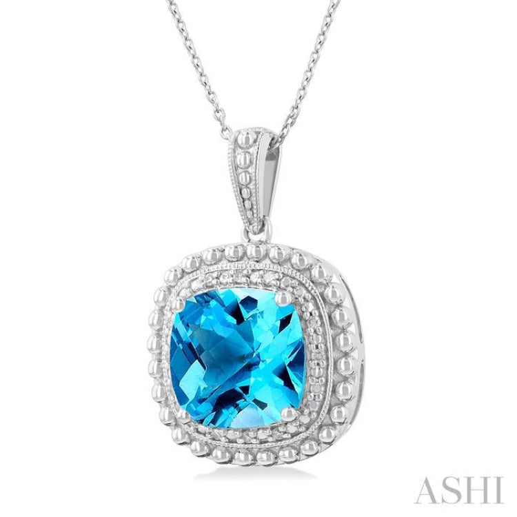 1/20 ctw Cushion Shape 10X10 MM Blue Topaz and Round Cut Diamond Semi Precious Pendant With Chain in Sterling Silver