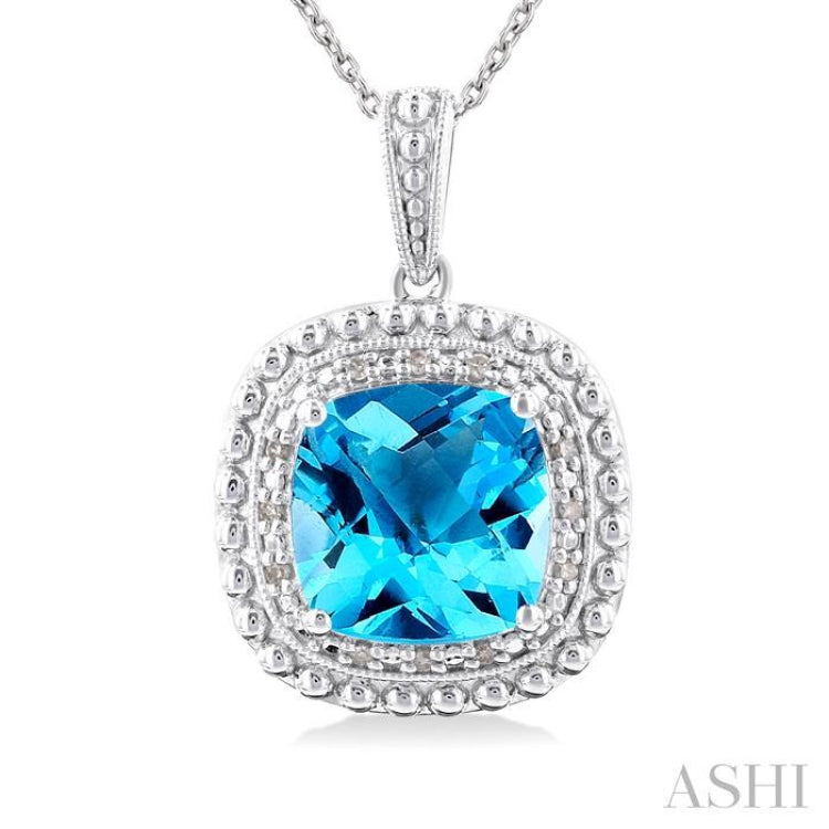 1/20 ctw Cushion Shape 10X10 MM Blue Topaz and Round Cut Diamond Semi Precious Pendant With Chain in Sterling Silver