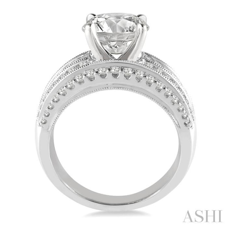 1 1/3 ctw Round and Baguette Cut Diamond Round Shape Semi-Mount Engagement Ring in 14K White Gold