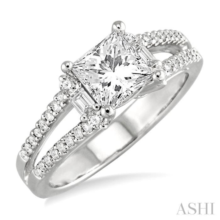 3/8 Ctw Round and Baguette Cut Diamond Princess Shape Semi-Mount Engagement Ring in 14K White Gold