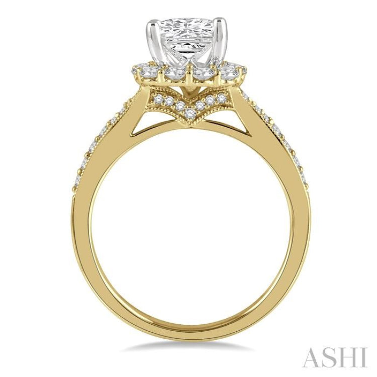 5/8 Ctw Cushion Shape Mount Round Cut Diamond Semi-Mount Engagement Ring in 14K Yellow and White Gold