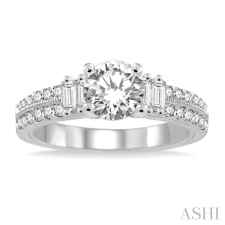 1/2 ctw Twin Row Baguette and Round Cut Diamond Semi Mount Engagement Ring in 14K White Gold