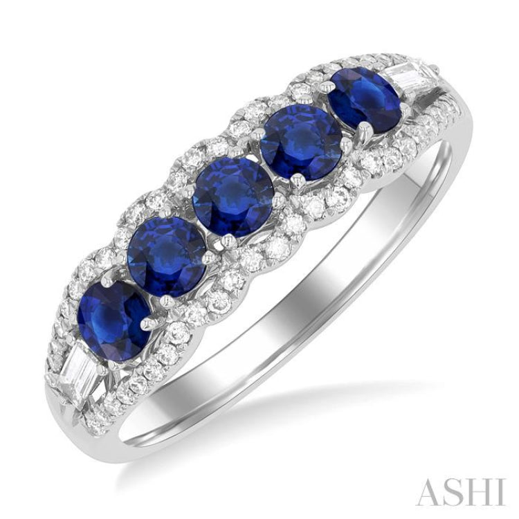 3.1MM Round Sapphire and 1/4 ctw Baguette and Single Cut Diamond 5-Stone Precious Ring in 14K White Gold