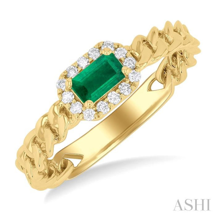 1/10 ctw Curb & Cuban Link East-West 5x3 MM Oval Cut Emerald and Round Cut Diamond Halo Precious Ring in 10K Yellow Gold