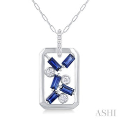 4X2MM Scatter Baguette Cut Sapphire and 1/6 ctw Round Cut Diamond Precious Fashion Pendant With Chain in 14K White Gold