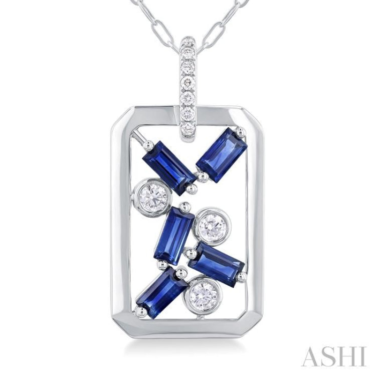 4X2MM Scatter Baguette Cut Sapphire and 1/6 ctw Round Cut Diamond Precious Fashion Pendant With Chain in 14K White Gold