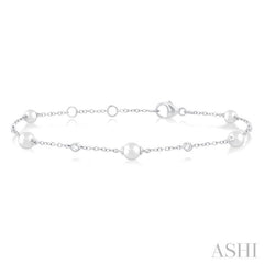 1/20 Ctw 4 MM Cultured Pearl and Round Cut Diamond Fashion Station Bracelet in 14K White Gold