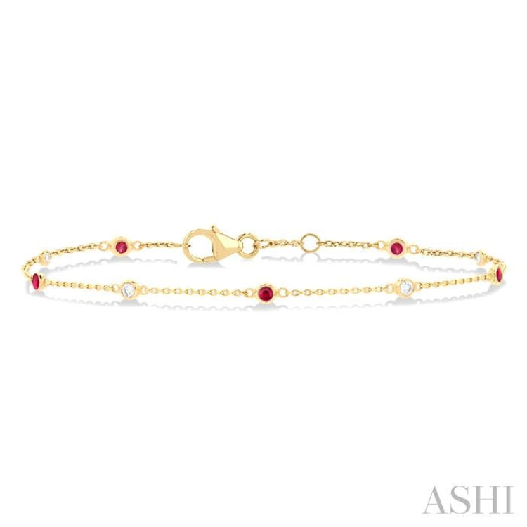 1/10 ctw 1.80MM Ruby and Bezel Set Round Cut Diamond Precious Gemstone Station Bracelet in 14K Yellow Gold