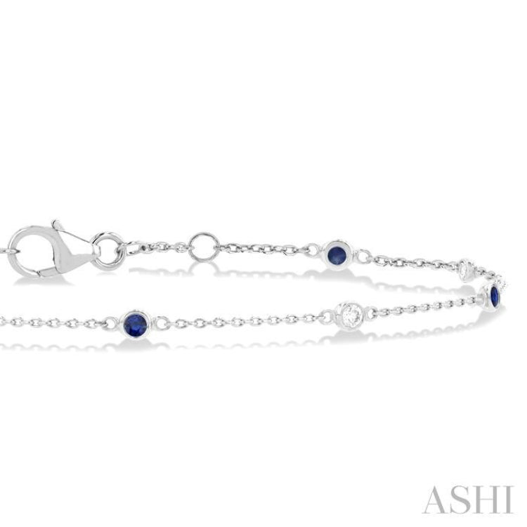 1/10 ctw 1.80MM Sapphire and Bezel Set Round Cut Diamond Precious Gemstone Station Bracelet in 14K White Gold