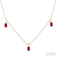 1/4 ctw Round Cut Diamonds and 5X3MM Octagonal Shape Ruby Precious Station Necklace in 14K Yellow Gold