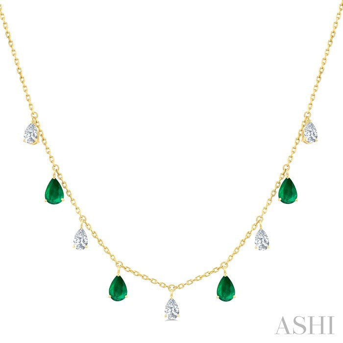 6X4 MM Pear Shape Emerald and 1 Ctw Pear Cut Diamond Precious Station Necklace in 14K Yellow Gold