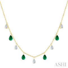 6X4 MM Pear Shape Emerald and 1 Ctw Pear Cut Diamond Precious Station Necklace in 14K Yellow Gold