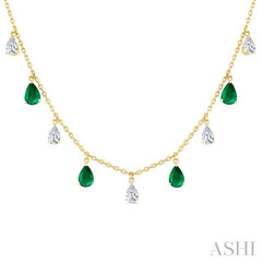 6X4 MM Pear Shape Emerald and 1 Ctw Pear Cut Diamond Precious Station Necklace in 14K Yellow Gold