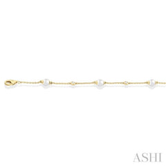 1/20 Ctw 4 MM Cultured Pearl and Round Cut Diamond Fashion Station Bracelet in 14K Yellow Gold