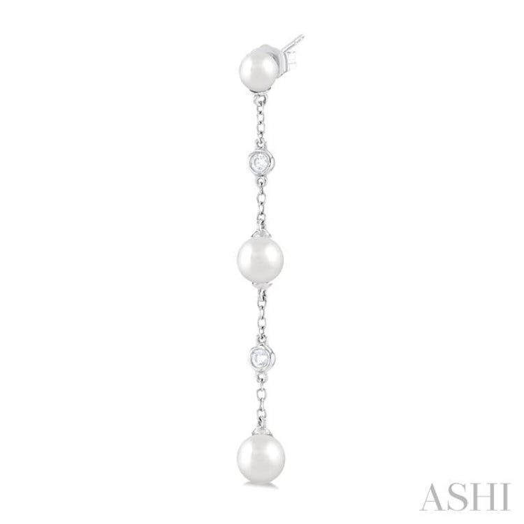 1/10 ctw Cultured Pearls 4X4 MM, 5X5 MM and 6X6 MM & Round Cut Diamond Station Long Earring in 14K White Gold