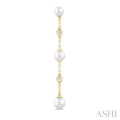 1/10 ctw Cultured Pearls 4X4 MM, 5X5 MM and 6X6 MM & Round Cut Diamond Station Long Earring in 14K Yellow Gold