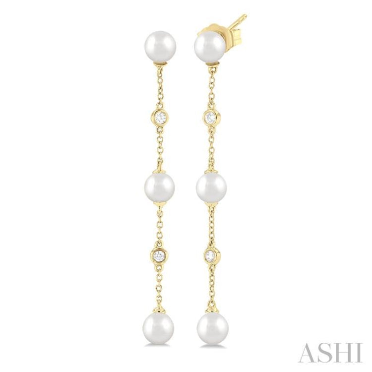 1/10 ctw Cultured Pearls 5 MM  and Round Cut Diamond Station Long Earring in 14K Yellow Gold