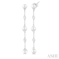 1/20 ctw Cultured Pearls 4 MM and Round Cut Diamond Station Long Earring in 14K White Gold