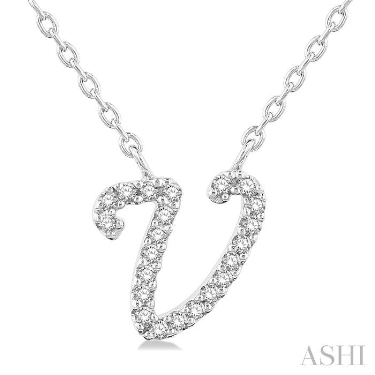 1/20 Ctw Initial 'V' Round cut Diamond Pendant With Chain in 10K White Gold