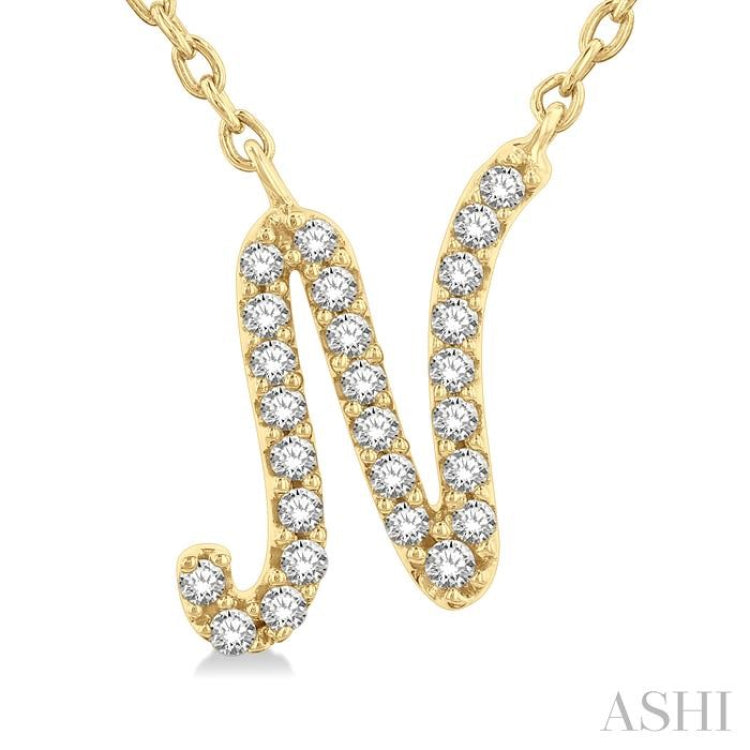 1/10 Ctw Initial 'N' Round cut Diamond Pendant With Chain in 10K Yellow Gold