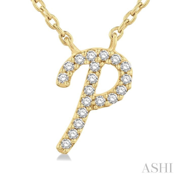 1/20 Ctw Initial 'P' Round cut Diamond Pendant With Chain in 10K Yellow Gold