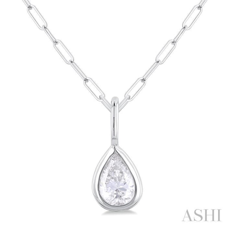 1/5 ctw Pear Cut Bezel Set Diamond Fashion Pendant With Paper Clip Chain in 14K White Gold