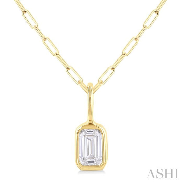 1/5 ctw Emerald Cut Bezel Set Diamond Fashion Pendant With Paper Clip Chain in 14K Yellow Gold