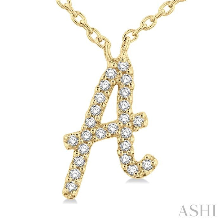 1/20 Ctw Initial 'A' Round cut Diamond Pendant With Chain in 14K Yellow Gold