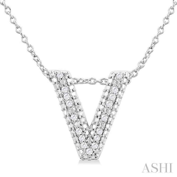 1/20 Ctw Bubble Accent Initial 'V' Round Cut Diamond Fashion Pendant With Chain in Sterling Silver