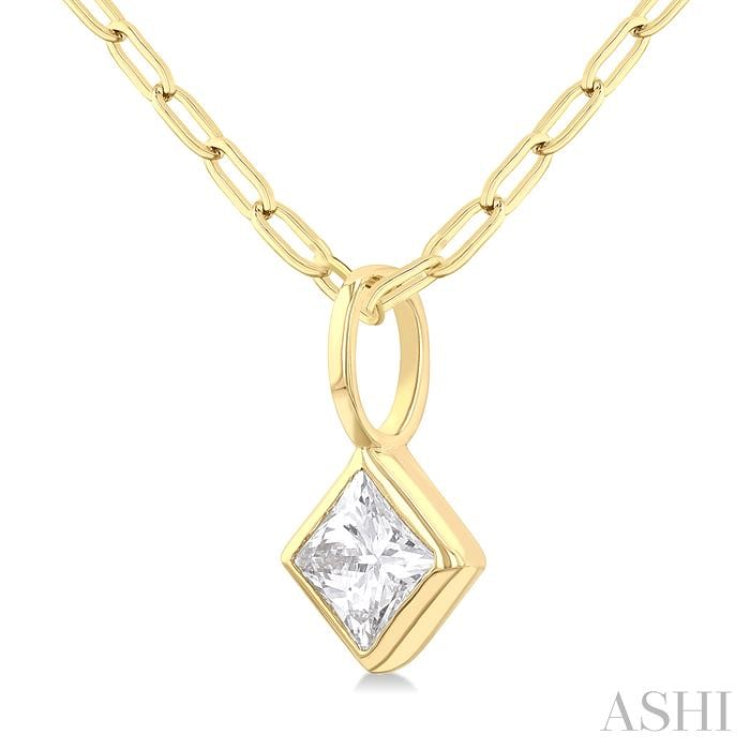 1/5 ctw Princess Cut Bezel Set Diamond Fashion Pendant With Paper Clip Chain in 14K Yellow Gold