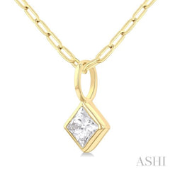 1/5 ctw Princess Cut Bezel Set Diamond Fashion Pendant With Paper Clip Chain in 14K Yellow Gold