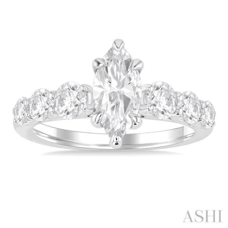 1 1/10 Ctw Marquise Shape Round Cut Diamond Semi Mount Engagement Ring in 14K White Gold