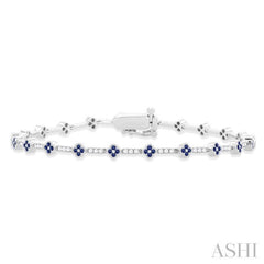 1/2 Ctw Clover Leaf & Bar Link 1.00 MM Sapphire and Round Cut Diamond Precious Bracelet in 14K White Gold