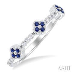 1/10 Ctw Clover Leaf & Bar Link 1.25MM Sapphire and Round Cut Diamond Precious Ring in 10K White Gold