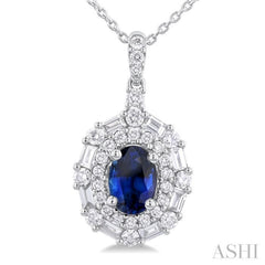 7X5MM Oval Cut Sapphire and 5/8 ctw Baguette & Round Cut Diamond Halo Precious Pendant With Chain in 14K White Gold